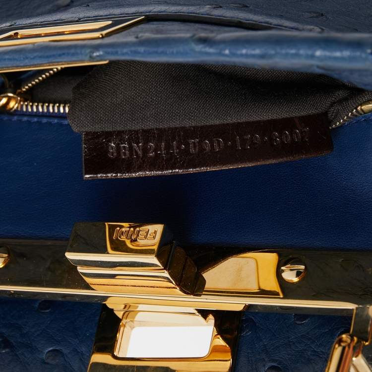Pre Owned Fendi Navy Blue Ostrich Leather Mini Peekaboo Top Handle Bag
