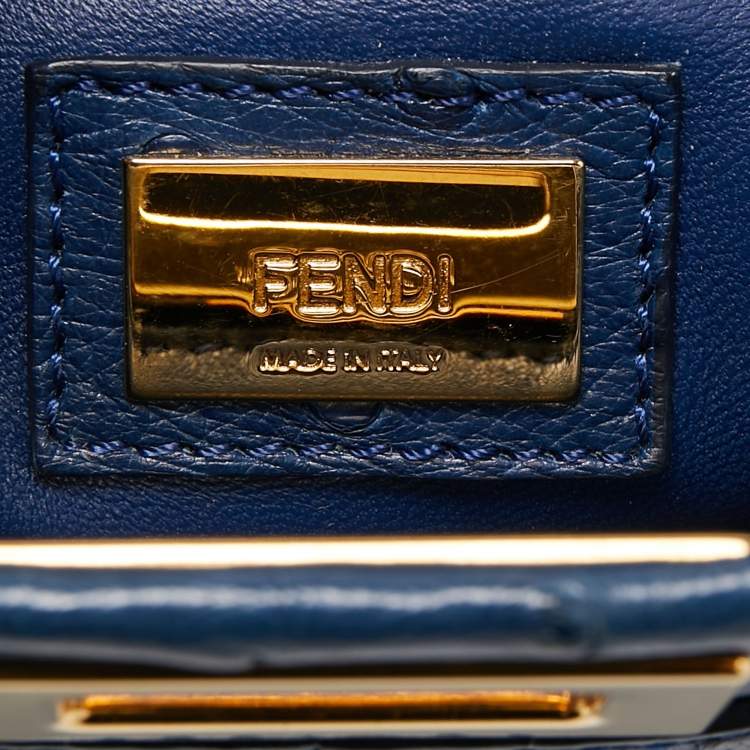 Pre Owned Fendi Navy Blue Ostrich Leather Mini Peekaboo Top Handle Bag