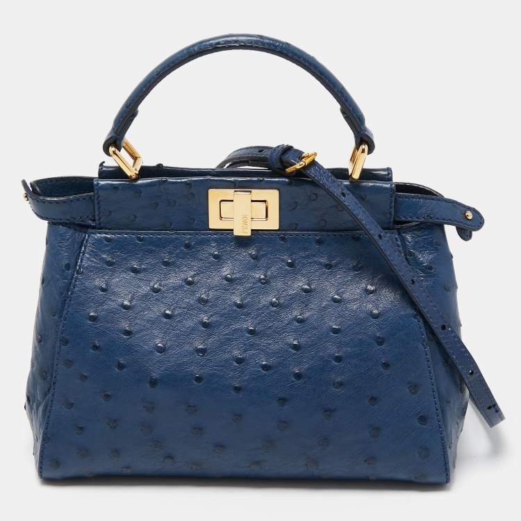 Pre Owned Fendi Navy Blue Ostrich Leather Mini Peekaboo Top Handle Bag