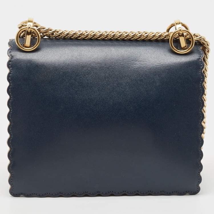 Pre Owned Fendi Navy Blue Leather Mini Scalloped Kan I Shoulder Bag