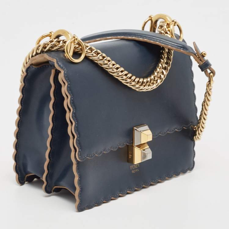 Pre Owned Fendi Navy Blue Leather Mini Scalloped Kan I Shoulder Bag