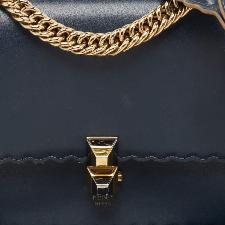 Pre Owned Fendi Navy Blue Leather Mini Scalloped Kan I Shoulder Bag