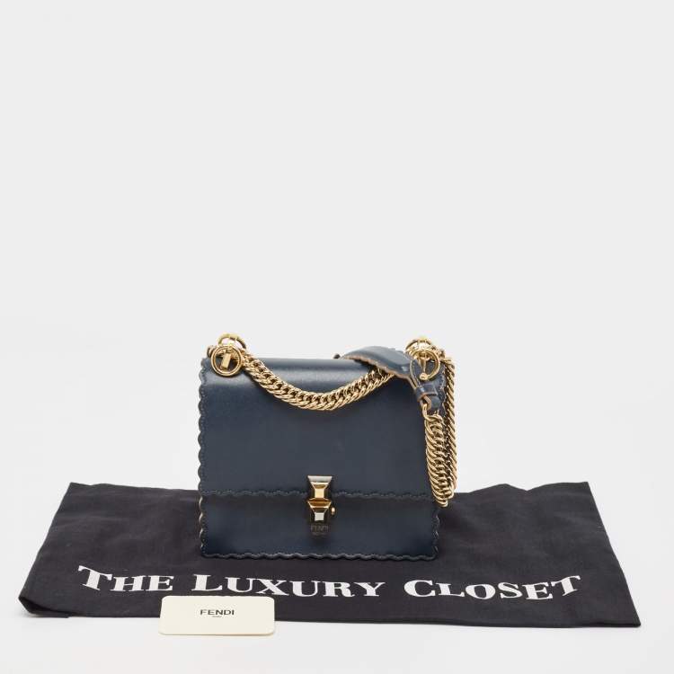 Pre Owned Fendi Navy Blue Leather Mini Scalloped Kan I Shoulder Bag
