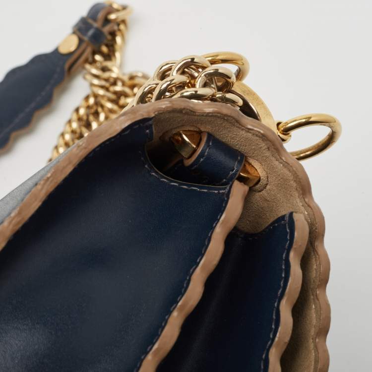 Pre Owned Fendi Navy Blue Leather Mini Scalloped Kan I Shoulder Bag