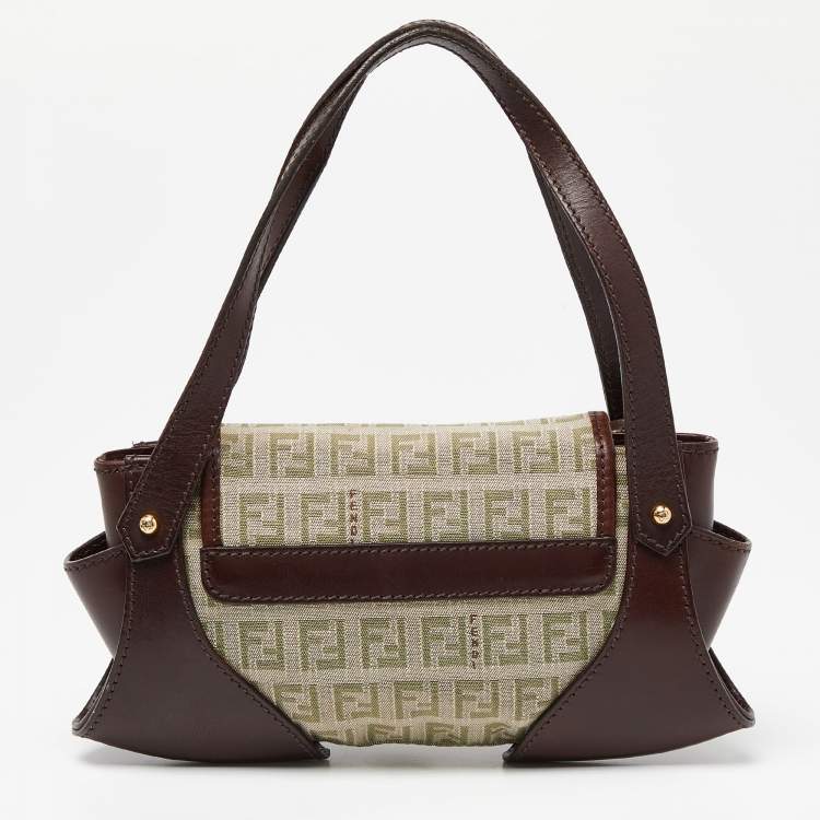 Pre Owned Fendi Brown/Beige Zucchino Fabric and Leather Borsa Tuc Bag