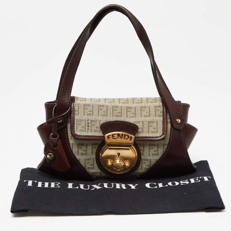Pre Owned Fendi Brown/Beige Zucchino Fabric and Leather Borsa Tuc Bag