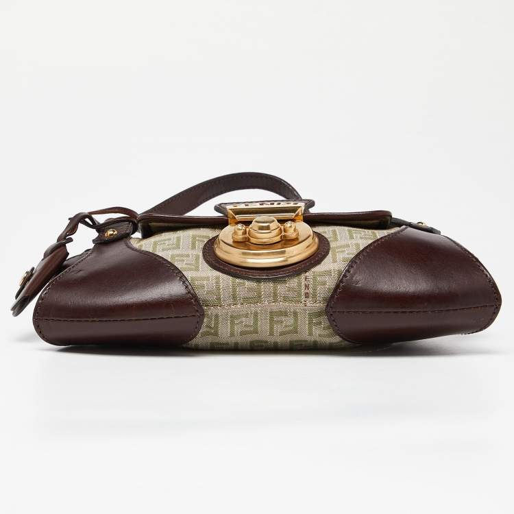 Pre Owned Fendi Brown/Beige Zucchino Fabric and Leather Borsa Tuc Bag