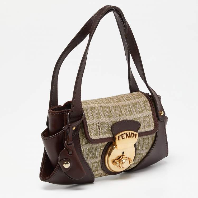 Pre Owned Fendi Brown/Beige Zucchino Fabric and Leather Borsa Tuc Bag