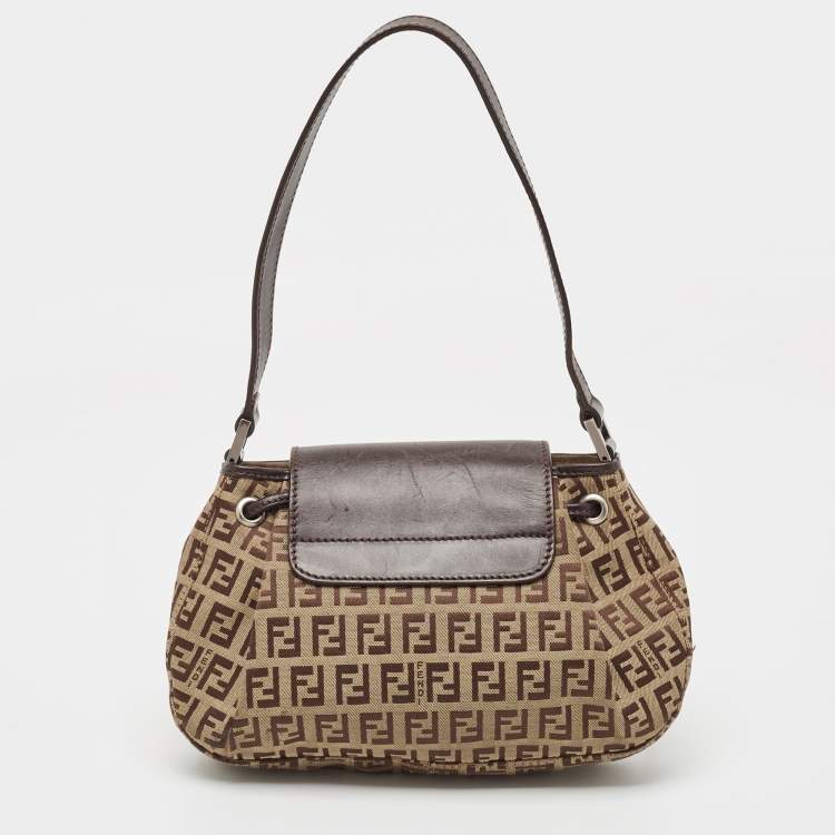 Pre Owned Fendi Ebene/Tobacco Zucchino Canvas and Leather Baguette Hobo