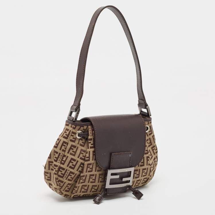 Pre Owned Fendi Ebene/Tobacco Zucchino Canvas and Leather Baguette Hobo