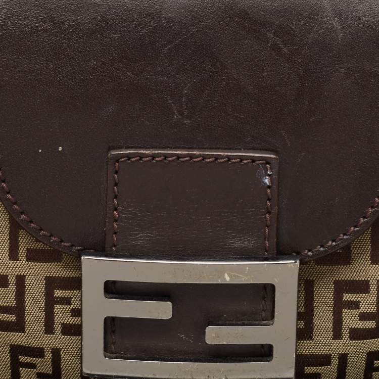Pre Owned Fendi Ebene/Tobacco Zucchino Canvas and Leather Baguette Hobo