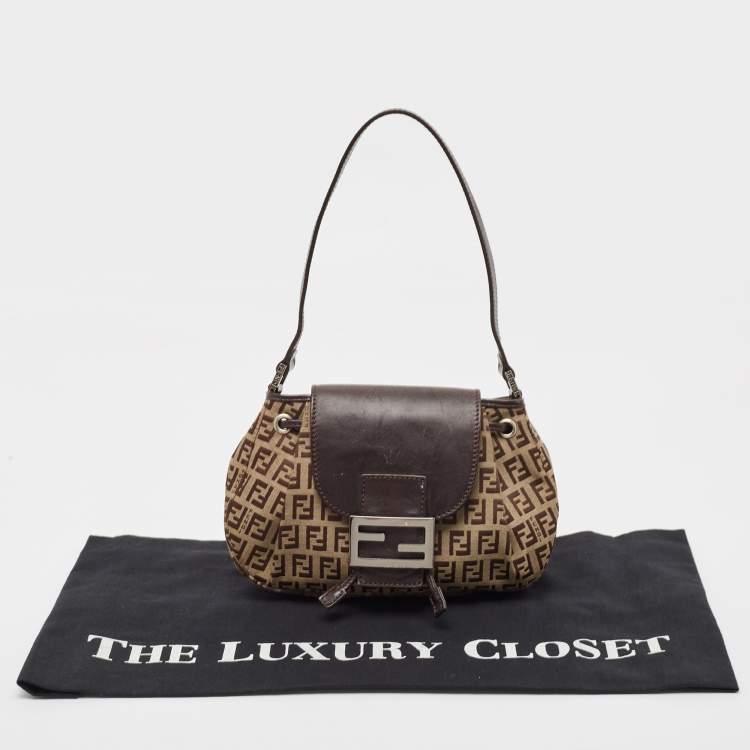 Pre Owned Fendi Ebene/Tobacco Zucchino Canvas and Leather Baguette Hobo