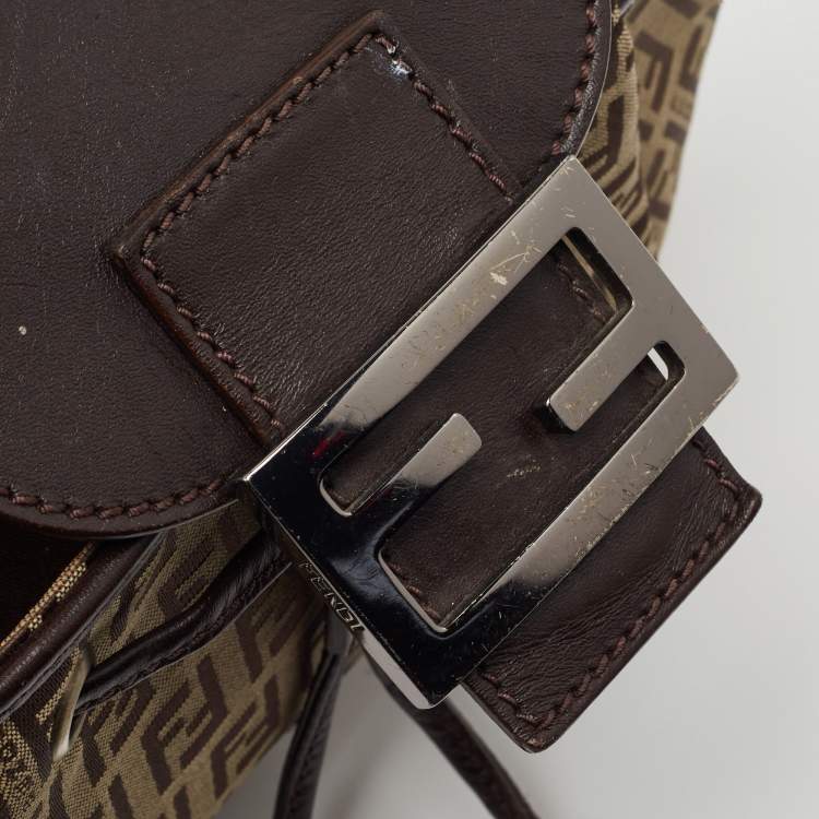 Pre Owned Fendi Ebene/Tobacco Zucchino Canvas and Leather Baguette Hobo