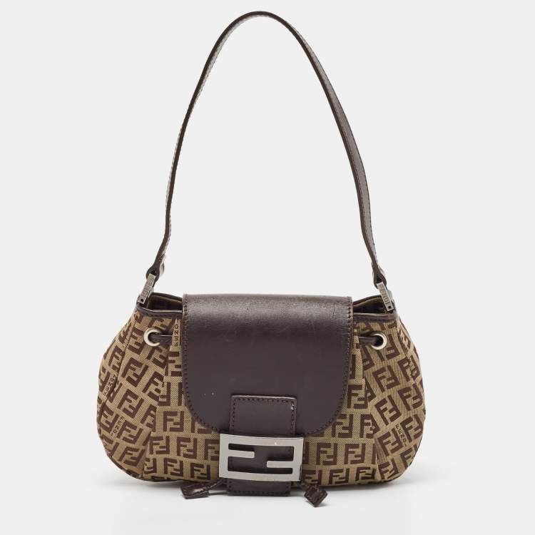 Pre Owned Fendi Ebene/Tobacco Zucchino Canvas and Leather Baguette Hobo