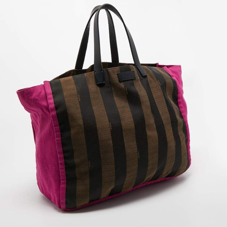 Pre Owned Fendi Tobacco/Pink Penguin Stripe Canvas Shopper Tote 