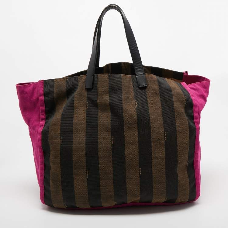 Pre Owned Fendi Tobacco/Pink Penguin Stripe Canvas Shopper Tote 