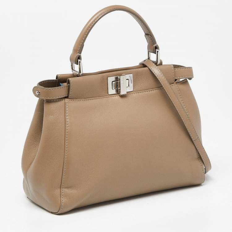 Pre Owned Fendi Beige Leather Mini Peekaboo Top Handle Bag