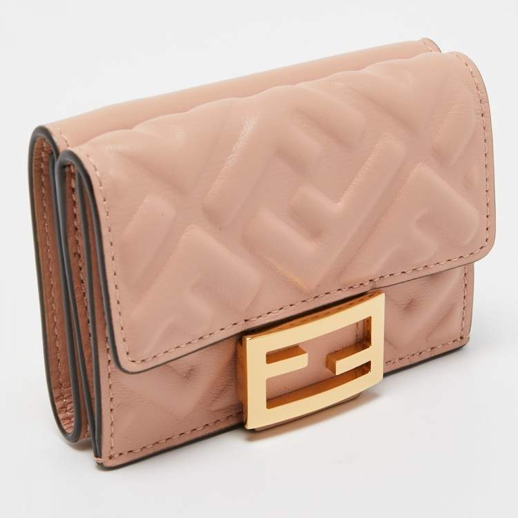 Pre Owned Fendi Pink FF Diagonal Embossed Leather Micro Baguette Trifold Wallet
