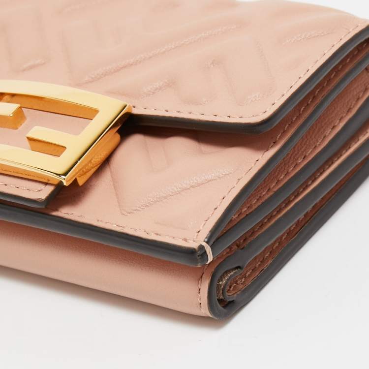 Pre Owned Fendi Pink FF Diagonal Embossed Leather Micro Baguette Trifold Wallet