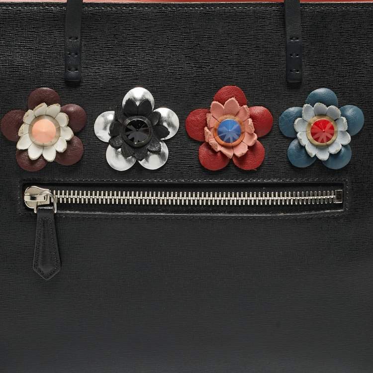 Pre Owned Fendi Black/Pink Leather Medium Flowerland Roll Tote