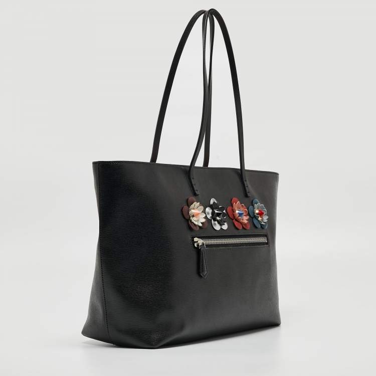 Pre Owned Fendi Black/Pink Leather Medium Flowerland Roll Tote