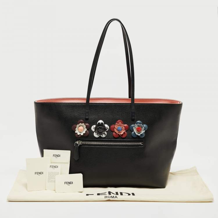 Pre Owned Fendi Black/Pink Leather Medium Flowerland Roll Tote
