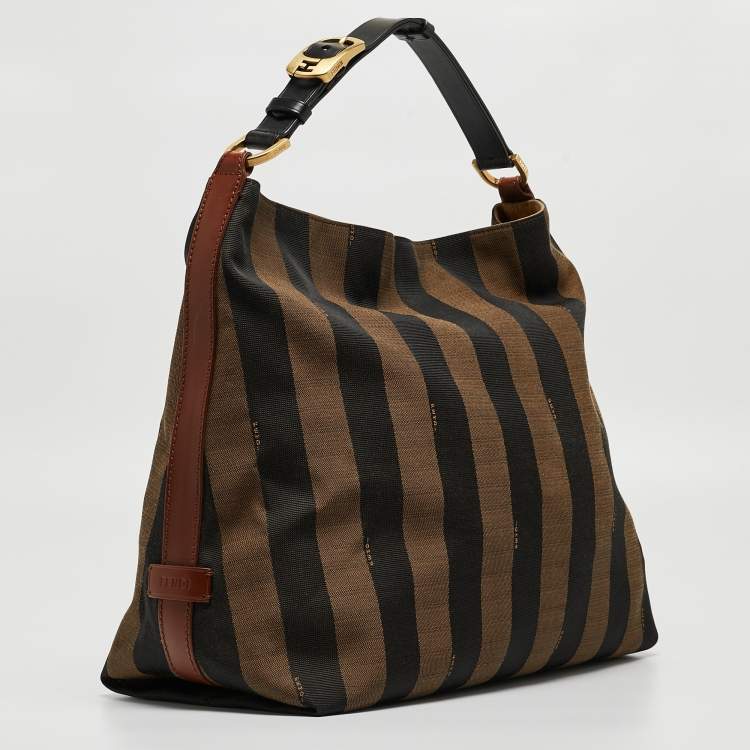 Pre Owned Fendi Tobacco/Black Pequin Stripe Canvas Hobo