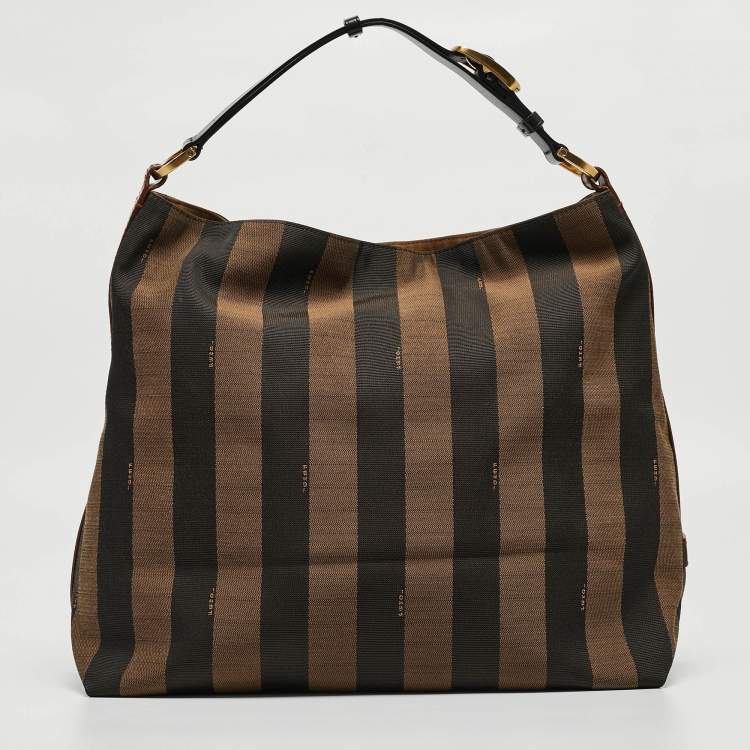 Pre Owned Fendi Tobacco/Black Pequin Stripe Canvas Hobo