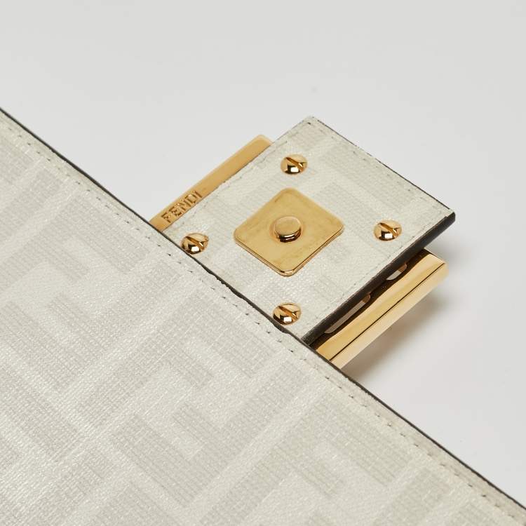 Pre Owned Fendi White FF Glazed Coated Canvas and Leather Inlay Baguette Shoulder Bag