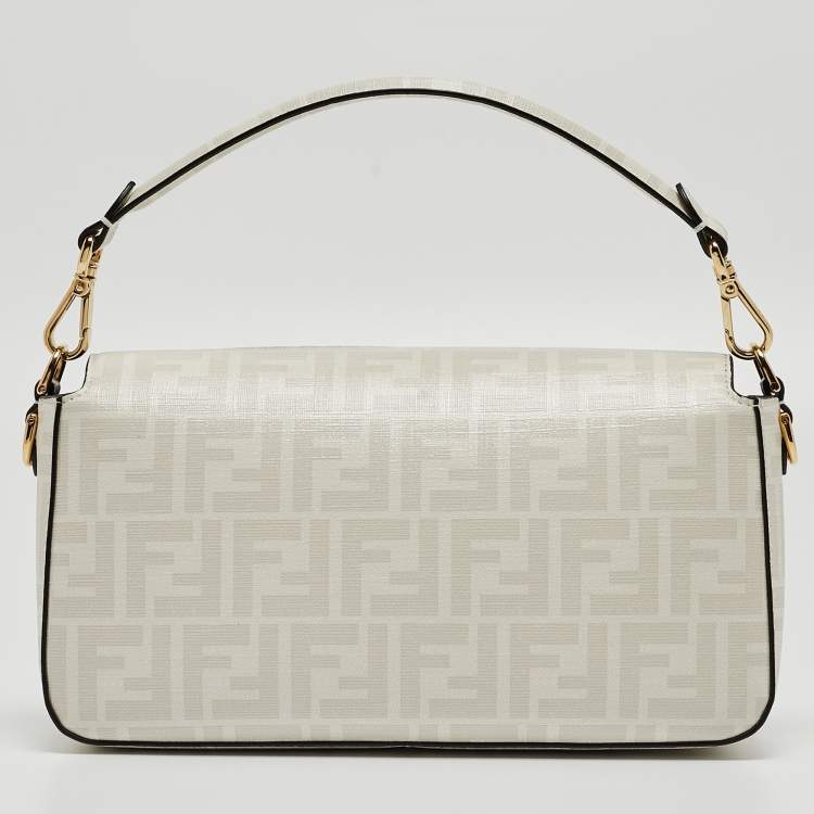 Pre Owned Fendi White FF Glazed Coated Canvas and Leather Inlay Baguette Shoulder Bag
