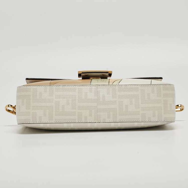 Pre Owned Fendi White FF Glazed Coated Canvas and Leather Inlay Baguette Shoulder Bag