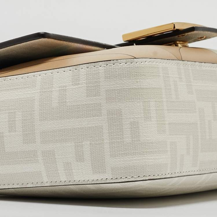 Pre Owned Fendi White FF Glazed Coated Canvas and Leather Inlay Baguette Shoulder Bag