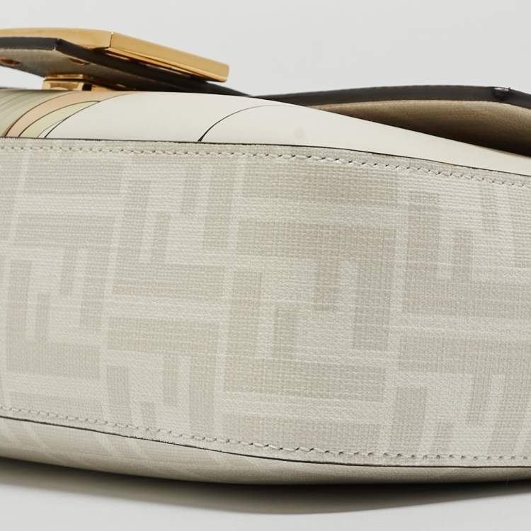 Pre Owned Fendi White FF Glazed Coated Canvas and Leather Inlay Baguette Shoulder Bag