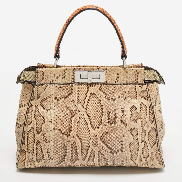 Pre Owned Fendi Beige/Black Python Medium Peekaboo Top Handle Bag