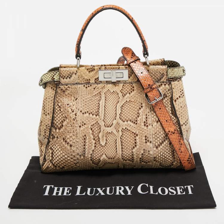 Pre Owned Fendi Beige/Black Python Medium Peekaboo Top Handle Bag