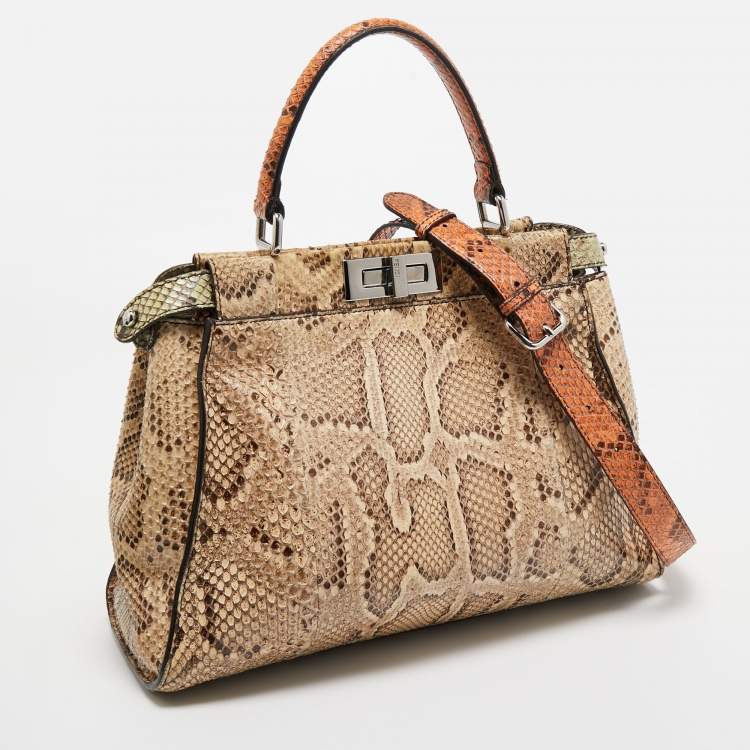 Pre Owned Fendi Beige/Black Python Medium Peekaboo Top Handle Bag