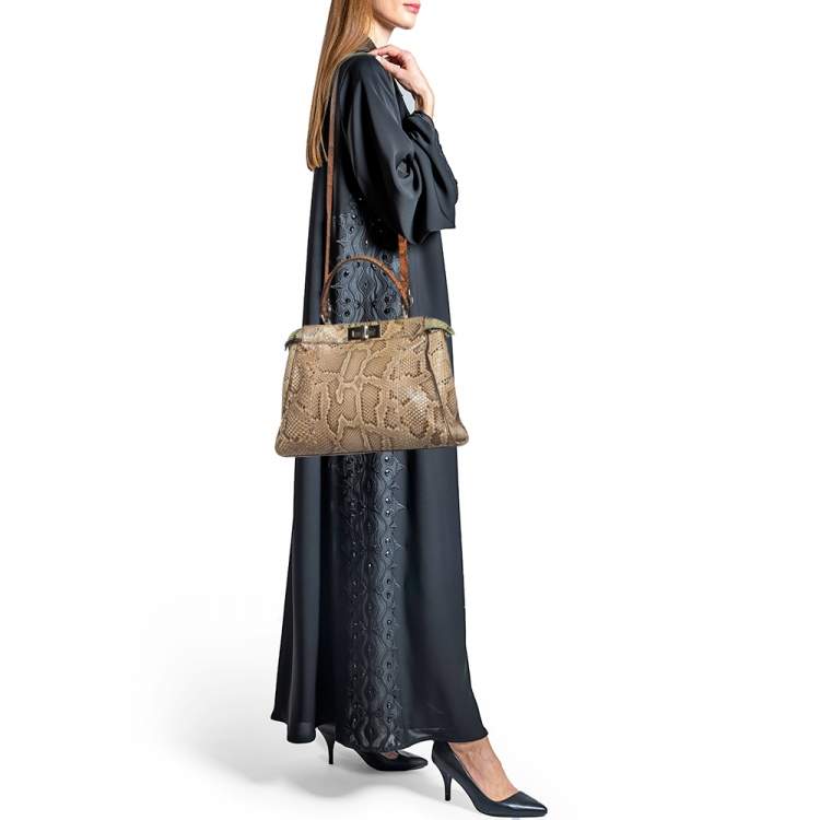 Pre Owned Fendi Beige/Black Python Medium Peekaboo Top Handle Bag