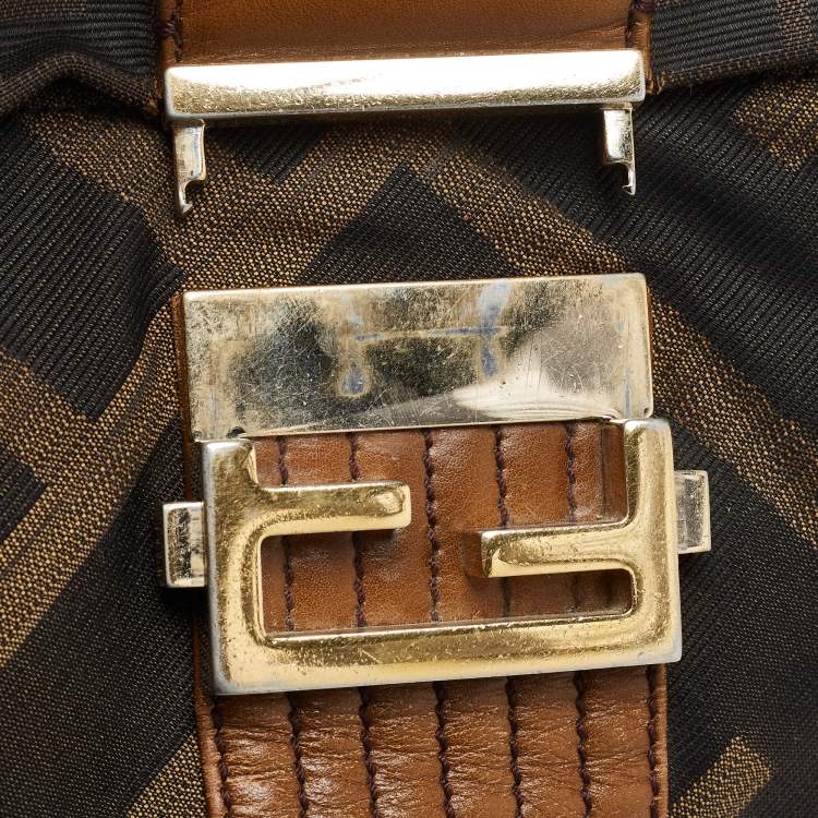 Pre Owned Fendi Tobacco Zucca Canvas and Leather Maxi Baguette Flap Shoulder Bag