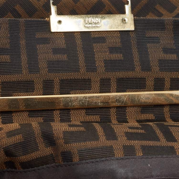 Pre Owned Fendi Tobacco Zucca Canvas and Leather Maxi Baguette Flap Shoulder Bag