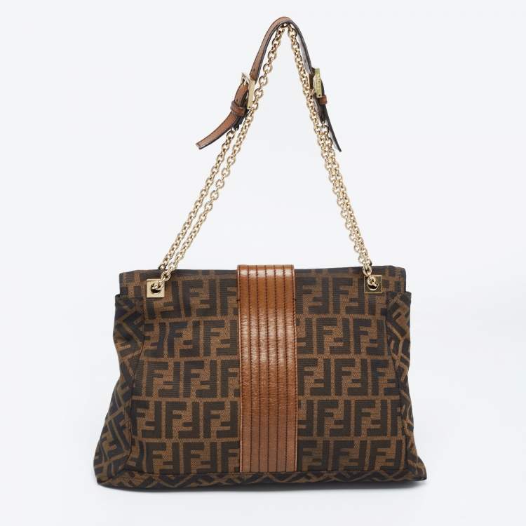 Pre Owned Fendi Tobacco Zucca Canvas and Leather Maxi Baguette Flap Shoulder Bag