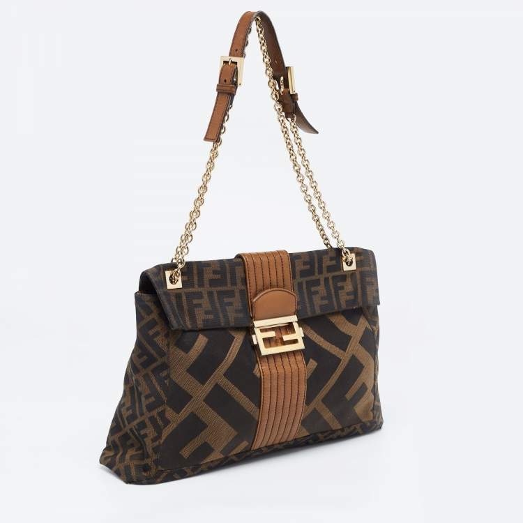 Pre Owned Fendi Tobacco Zucca Canvas and Leather Maxi Baguette Flap Shoulder Bag