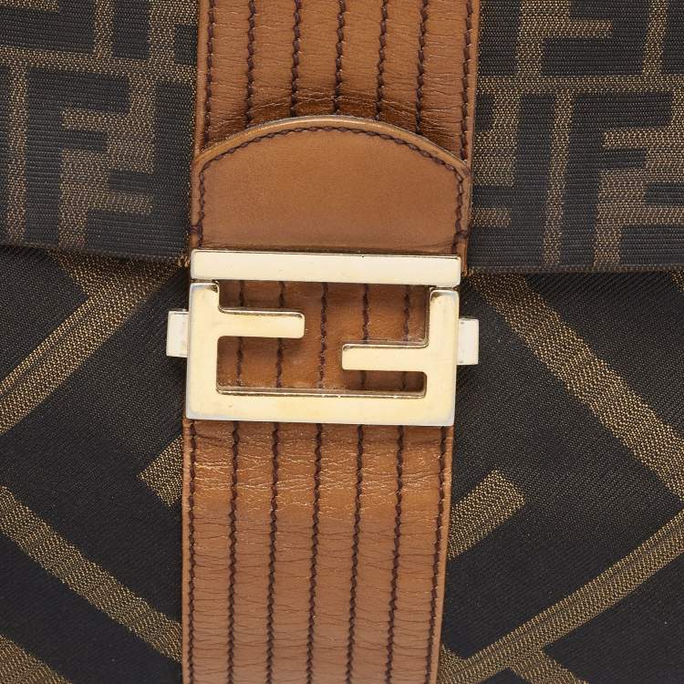 Pre Owned Fendi Tobacco Zucca Canvas and Leather Maxi Baguette Flap Shoulder Bag