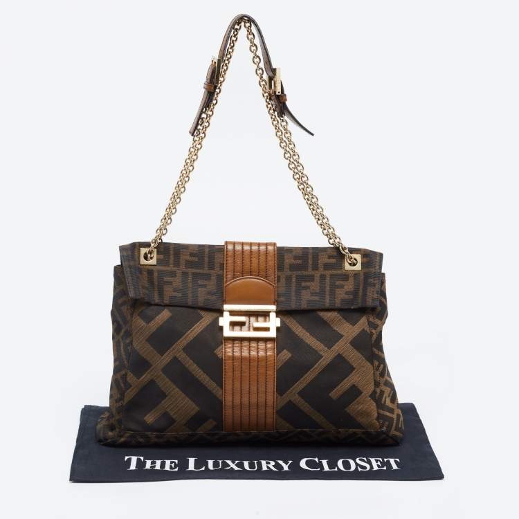Pre Owned Fendi Tobacco Zucca Canvas and Leather Maxi Baguette Flap Shoulder Bag