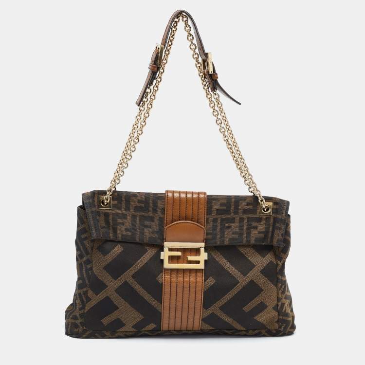 Pre Owned Fendi Tobacco Zucca Canvas and Leather Maxi Baguette Flap Shoulder Bag