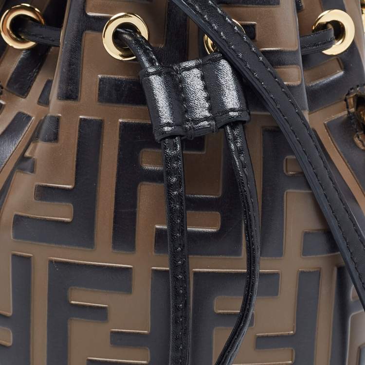 Pre Owned Fendi Black/Brown Zucca Embossed Leather Mini Mon Tresor Bucket Bag