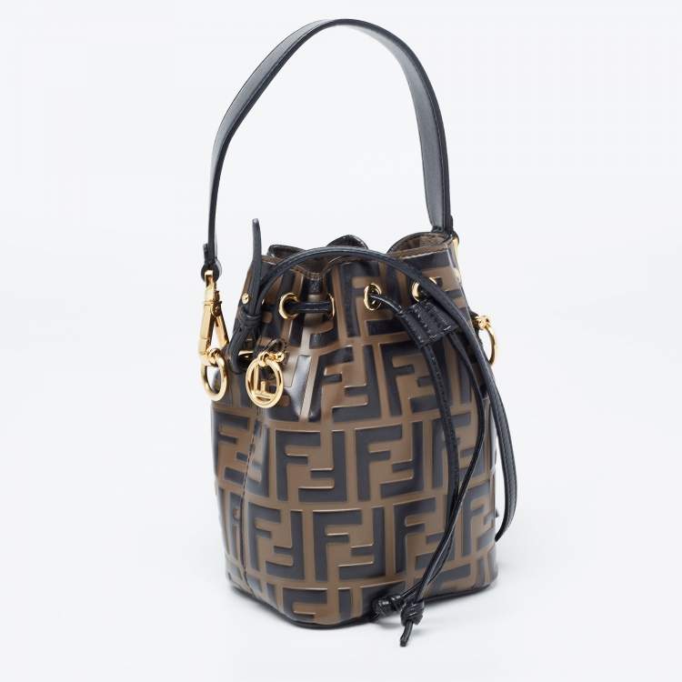Pre Owned Fendi Black/Brown Zucca Embossed Leather Mini Mon Tresor Bucket Bag