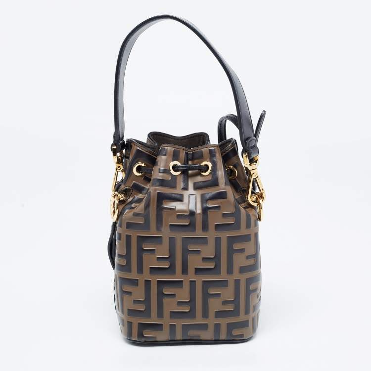 Pre Owned Fendi Black/Brown Zucca Embossed Leather Mini Mon Tresor Bucket Bag