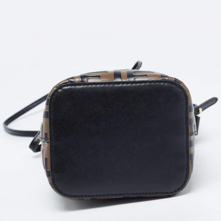 Pre Owned Fendi Black/Brown Zucca Embossed Leather Mini Mon Tresor Bucket Bag