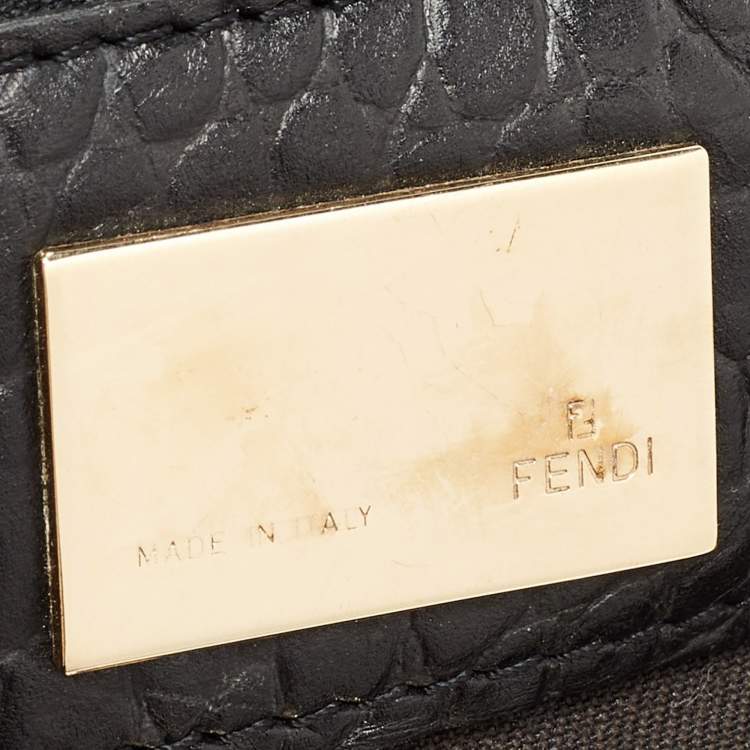 مملوكة مسبقًا Fendi Black/Beige Pequin Striped Velvet and Croc Embossed Leather Magic Top Handle Bag