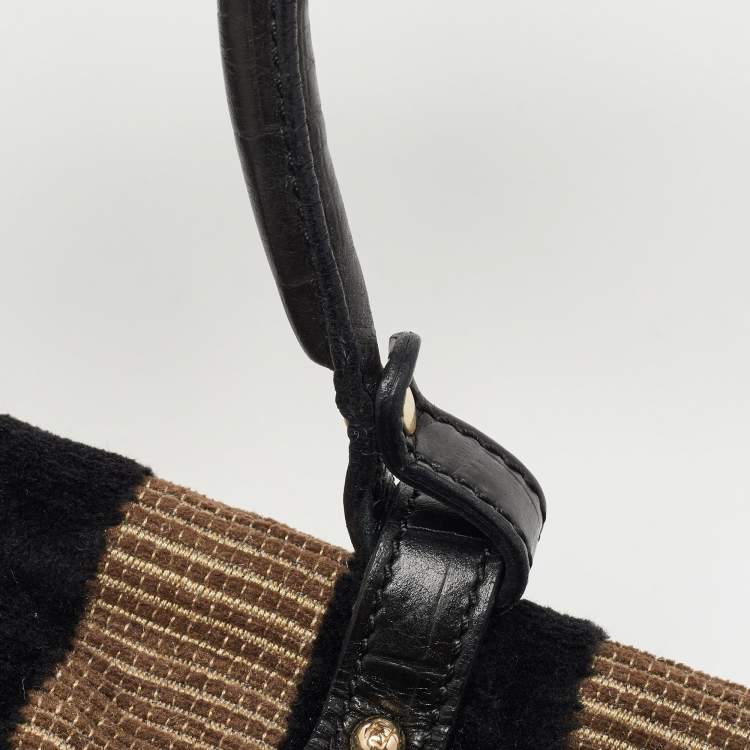 مملوكة مسبقًا Fendi Black/Beige Pequin Striped Velvet and Croc Embossed Leather Magic Top Handle Bag